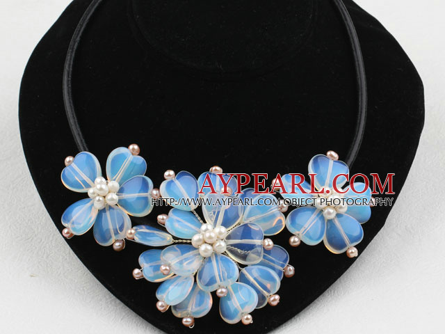 Heart Shape Opal Flower Necklace with White Pink Freshwater Pearl and Lether Cord