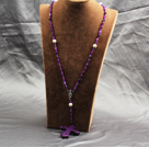 Wholesale Classic Design Fashion Long Y Shape Purple Frosted Banded Agate Necklace With Cross Shape Turquoise Pendant