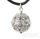Lovely Rhinestone Ball Pendant Necklace With Black Leather Cord And Magnetic Clasp