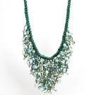 Sparkly Bib Shape Green Series Water Drop Shape Crystal Statement Party Necklace With Green Thread Woven Drawstring Chain