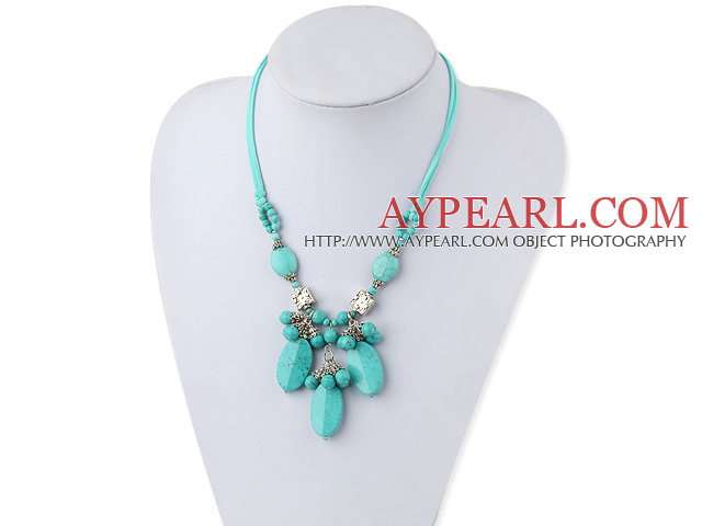 Lovely Round And Oval Shape Burst Pattern Blue Turquoise Pendant Threaded Necklace With Extendable Chain