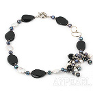 Wholesale Nice White Coin Pearl Black Freshwater Pearl And Black Agate Loop Charm Bracelet With Moonight Clasp