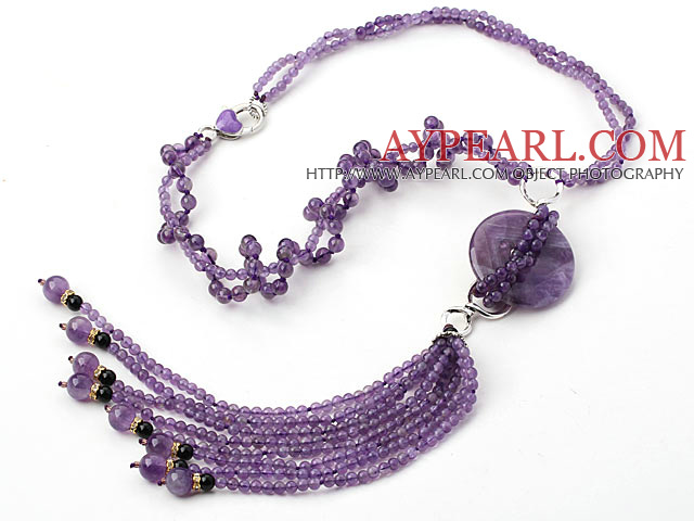 New Style Y Shape Amethyst Donut Tassel Necklace with Rhinestone