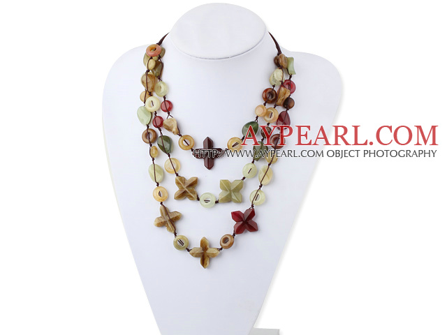 Elegant Donut Flat Round Flower Mixed Shape 3-Color Jade Hand-Knitted Necklace With Purple Adjustable Cords