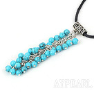 Wholesale Nice 6Mm Round Blue Turquoise Cluster Loop Chain And Tube Charm Pendant Necklace With Black Cord