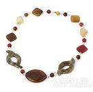 Elegant Three Color Round Rhombus Oval Shape Jade Threaded Necklace With Golden Ball Clasp