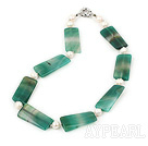 Fashion White Freshwater And Green Rectangle Agate Strand Necklace With Moonight Clasp