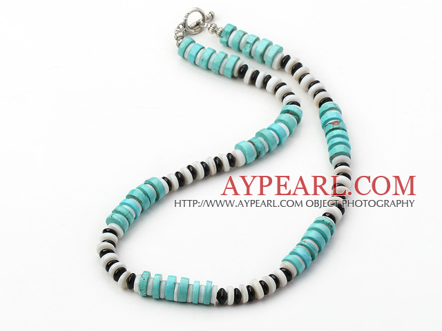 Fashion White Disc Shell And Blue Turquoise Black Agate Strand Necklace With Toggle Clasp