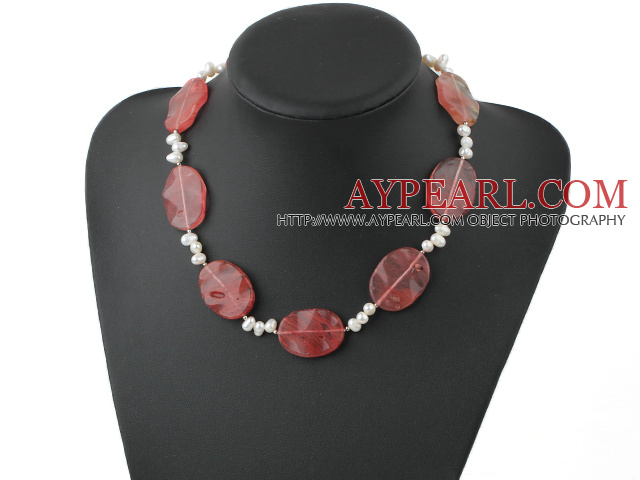 Elegant White Freshwater Pearl And Cherry Quartz Necklace With Moonight Clasp