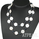 Nice Long Style White Disc Shell And Black Pearl Loop Strand Necklace