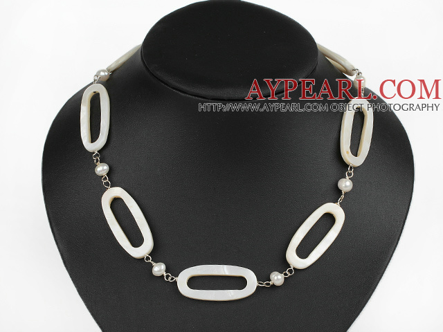 Fashion White Freshwater Pearl And Fillet Shell Loop Strand Necklace With Extendable Chain