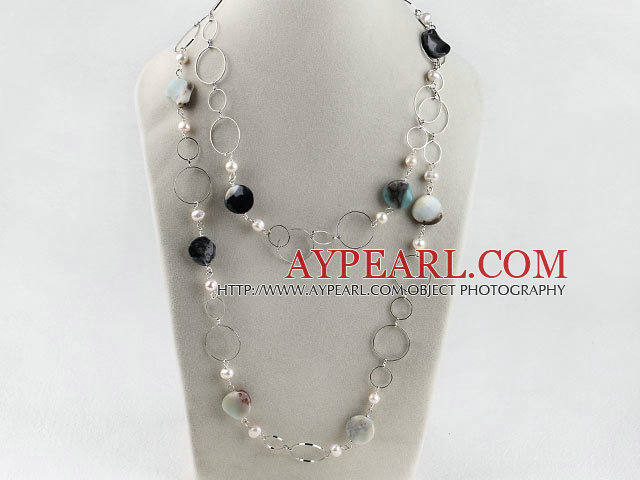 43.3inches fashion long style pearl and amazon stone necklace with metal loop