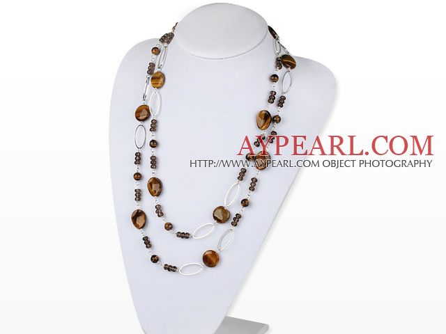 47.2 inches fashion long style tiger eye and smoky quartze necklace with metal loop