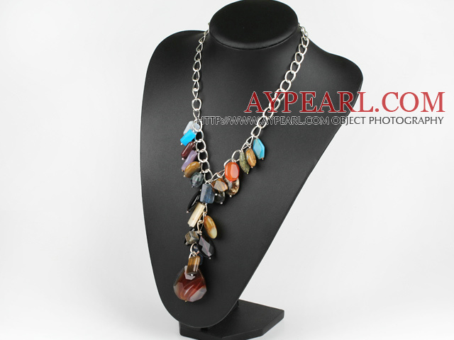 Y shape multi color gemstone necklace on metal chain