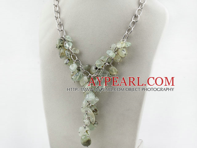 Prehnite Y Shape Necklace with Bold Style Metal Chain