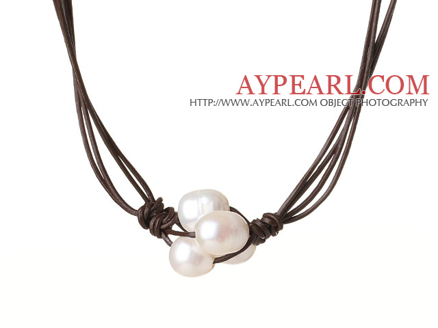 Fashion Simple Design 10-11mm Flower Shape White Pearl Beads with Dark Brown Leather Necklace