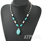 Wholesale Nice Black Stone White Disc Shell And Blue Oval Turquoise Pendant Necklace