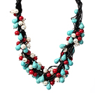 Multi Strands Assorted White Pearl and Red Coral and Turquoise Leather Necklace