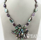 Gray pearl and amethyst and abalone shell flower necklace