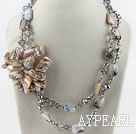 Big style crystal and gray agate and shell flower party necklace
