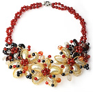 Wholesale 2013 Summer New Design Red Series Black Freshwater Pearl and Carnelian and Yellow Shell Flower Necklace