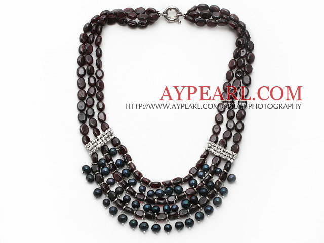 Multi Strand Garnet and Black FW Pearl Necklace