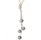 Fashion Simple Design 10-11mm Grey Freshwater Pearl Leather Necklace