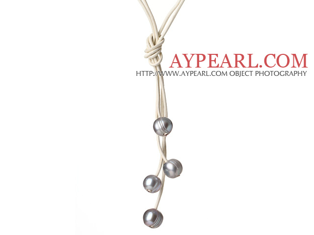 Fashion Simple Design 10-11mm Grey Freshwater Pearl Leather Necklace
