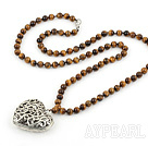 31.5 inches 8mm tiger eye ball necklace with hear pendant charm