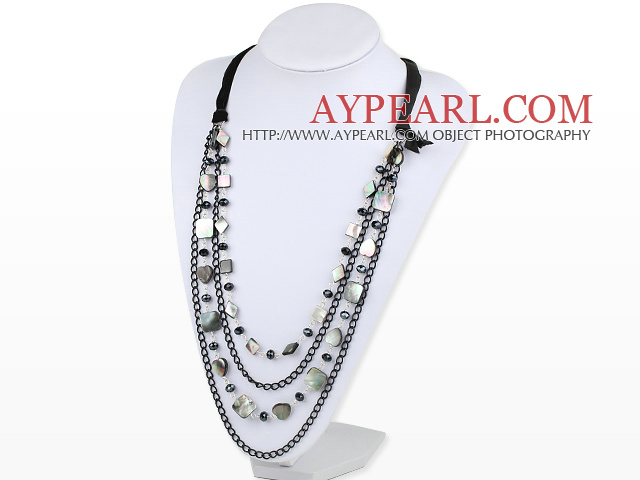 31.5 inches black crystal and lip shell necklace with ribbon