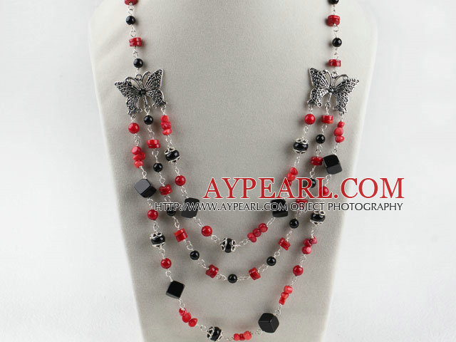 red coral black agate butterfly charm necklace with extendable chain