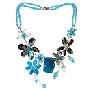 Wholesale 2013 Summer New Design Blue Series Blue Crystal and Abalone Shell Flower and Crystallized Agate Pendant Necklace