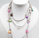 Long Style White Freshwater Pearl and Multi Color Shell Necklace (Can Also Be Waist Chain)