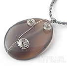 Simple Style Oval Shape gemstone Pendant  Wire Wrapped Necklace with grey Thread( Random colors )