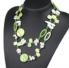 43.3 inches long style white teeth pearl and green shell crystal necklace