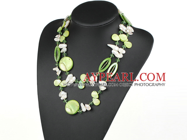43.3 inches long style white teeth pearl and green shell crystal necklace