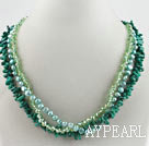 three strand green coral crystal and pearl necklace with moonlight clasp