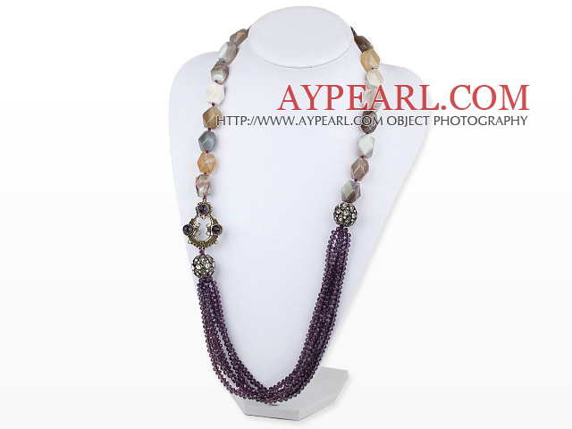 27.6 inches purple crystal gray agate rhinestone long necklace