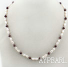 Single Strands White Freshwater Pearl and Garnet Necklace