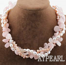 Wholesale Pink Series Three Strands Freshwater Pearl and Rose Quartz Necklace with Moonlight Clasp