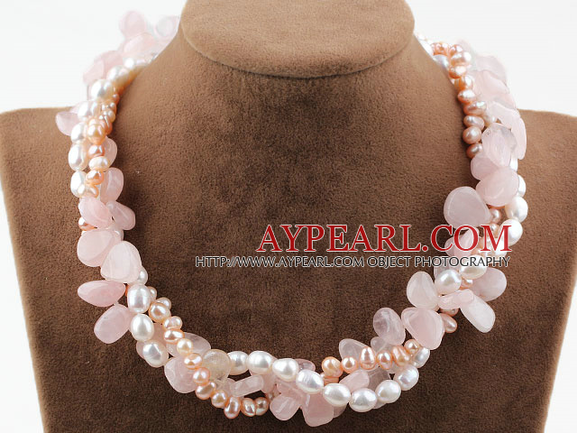 Pink Series Three Strands Freshwater Pearl and Rose Quartz Necklace with Moonlight Clasp