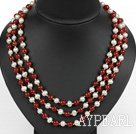 three strand 17.7 inches white pearl and red agate necklace with shell flower clasp