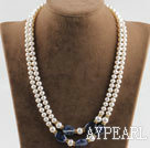 noble double strand white pearl and sodalite necklace with gold color clasp