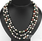 three strand white pearl and india agate necklace with shell flower clasp