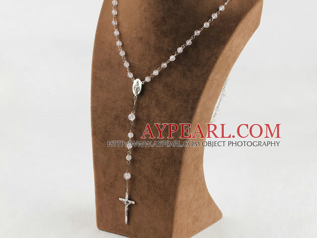 31.5 inches prayer beads, 6-8mm rose quartze ball necklace rosary with cross