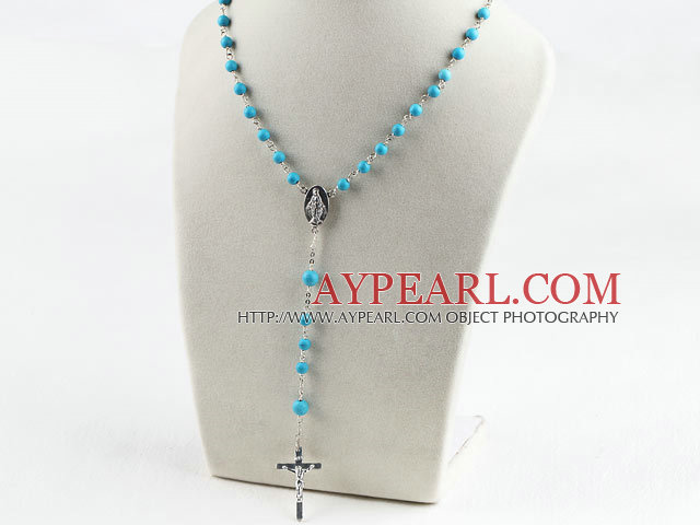 31.5 inches prayer beads, 6-8mm turquoise ball necklace rosary with cross