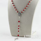 31.5 inches prayer beads, 6-8mm red coral ball necklace rosary with cross