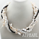 White Teeth Shape Freshwater Pearl and Clear and Black Crystal and White Shell Flower Necklace