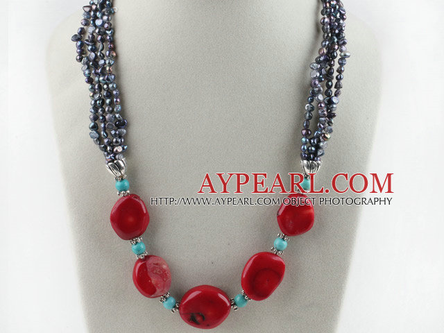 19.7 inches fashion pearl red coral and turquoise necklace