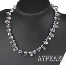 Fashion Chipped Amethyst And Clear Crystal Beaded Strand Necklace With Lobster Clasp